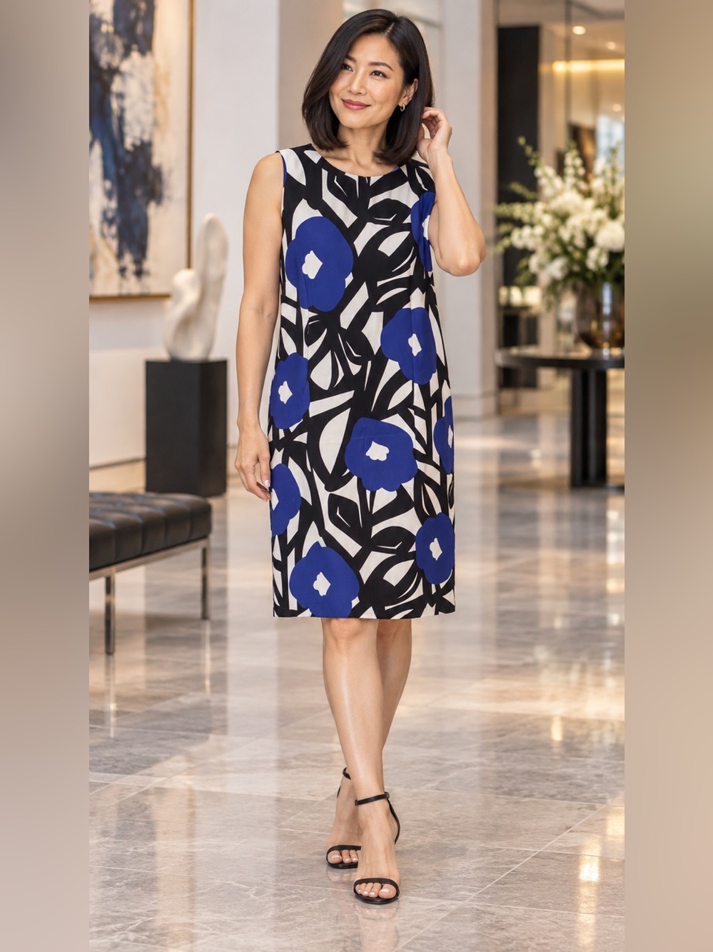 AGB Dress Blue Black Floral Sleeveless Shift Dress Size 12